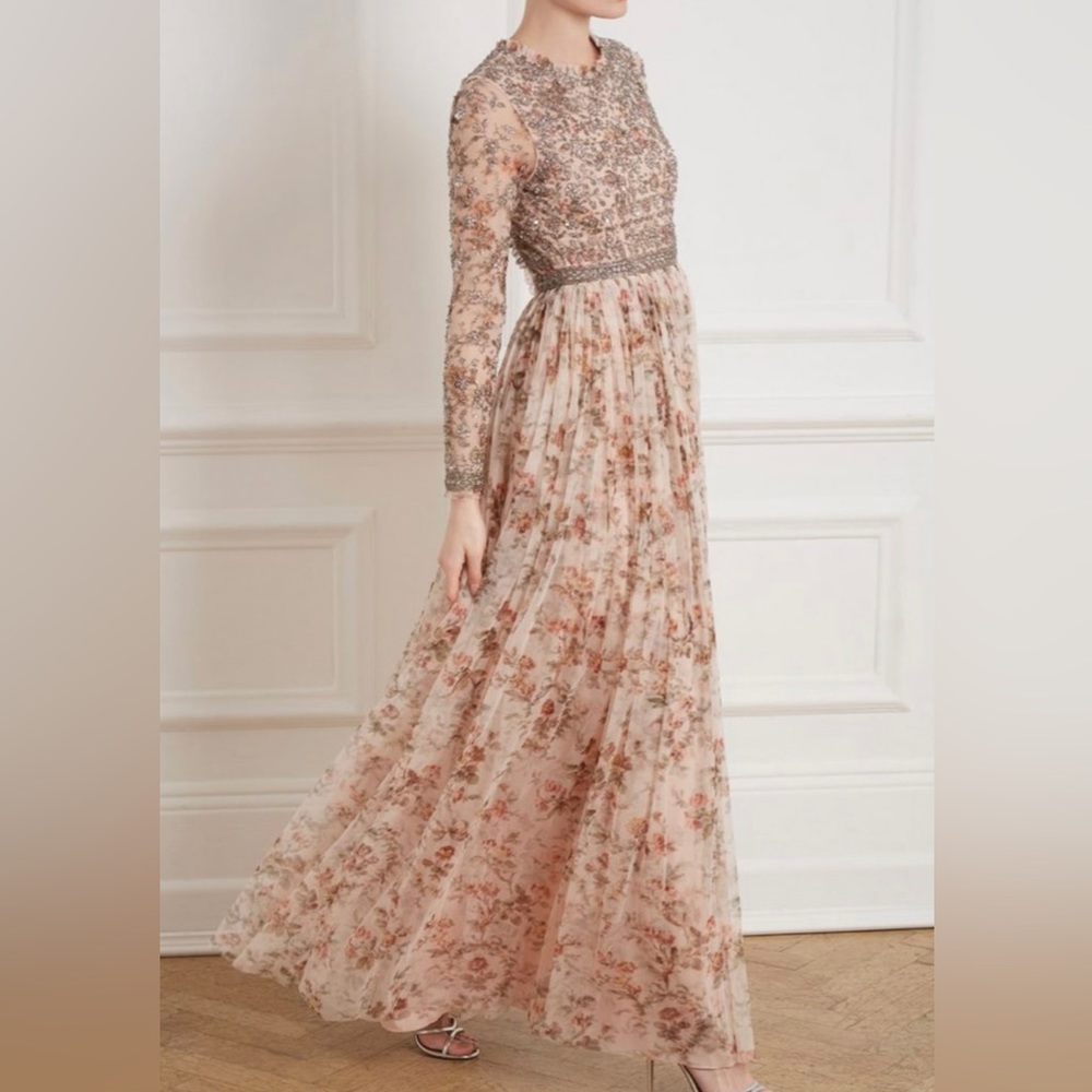 Brand New Needle & Thread Andromeda Garland Long Sleeve Gown